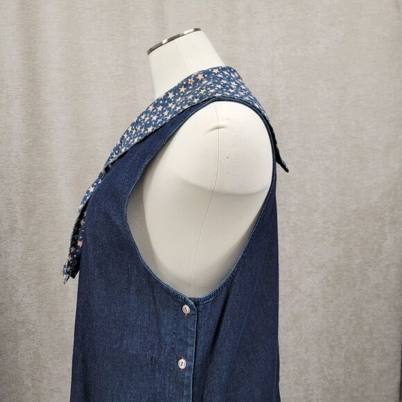 Vintage 90s Denim Blue Jean Maxi Dress Star Print Bandana Collar Western - Picture 5 of 13